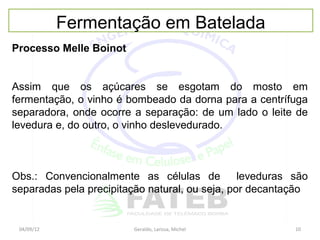Fermentação em Batelada
Processo Melle Boinot


Assim que os açúcares se esgotam do mosto em
fermentação, o vinho é bombeado da dorna para a centrífuga
separadora, onde ocorre a separação: de um lado o leite de
levedura e, do outro, o vinho deslevedurado.



Obs.: Convencionalmente as células de           leveduras são
separadas pela precipitação natural, ou seja, por decantação


 04/09/12                Geraldo, Larissa, Michel         10
 