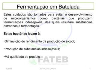 Fermentação em Batelada
Estes cuidados são tomados para evitar o desenvolvimento
de microorganismos como bactérias que produzem
fermentações indesejáveis, das quais resultam substâncias
estranhas à fermentação.

Estas bactérias levam à:

•Diminuição do rendimento da produção de álcool;

•Produção de substâncias indesejáveis;

•Má qualidade do produto


 04/09/12                  Geraldo, Larissa, Michel   12
 
