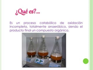 Es un proceso catabólico de oxidación
incompleta, totalmente anaeróbico, siendo el
producto final un compuesto orgánico.
 