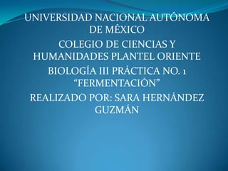 UNIVERSIDAD NACIONAL AUTÓNOMA DE MÉXICO COLEGIO DE CIENCIAS Y HUMANIDADES PLANTEL ORIENTE BIOLOGÍA III PRÁCTICA NO. 1 “FERMENTACIÓN” REALIZADO POR: SARA HERNÁNDEZ GUZMÁN 