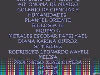 UNIVERSIDAD NACIONAL AUTÓNOMA DE MÉXICO COLEGIO DE CIENCIAS Y HUMANIDADES  PLANTEL ORIENTE BIOLOGÍA III EQUIPO 4: MORALES ESCOBAR PATSI YAEL DIANA  KARINA QUIROZ GUTIÈRREZ   RODRIGUEZ LEONARDO NAYELI MELISA PROF: HUGO JESÚS OLVERA GARCÍA GPO: 515 