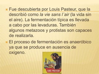 Fue descubierta por Louis Pasteur, que la describió como la viesansl´air (la vida sin el aire). La fermentación típica es llevada a cabo por las levaduras. También algunos metazoos y protistas son capaces de realizarla.El proceso de fermentación es anaeróbico ya que se produce en ausencia de oxigeno.