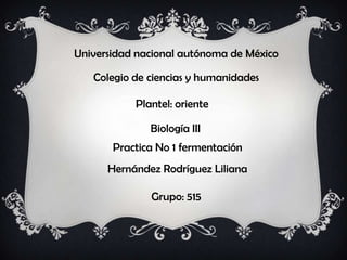 Universidad nacional autónoma de México Colegio de ciencias y humanidades  Plantel: oriente Biología III Practica No 1 fermentación Hernández Rodríguez Liliana Grupo: 515 