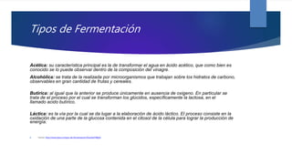 Tipos de Fermentación
Acética: su característica principal es la de transformar el agua en ácido acético, que como bien es
conocido se lo puede observar dentro de la composición del vinagre.
Alcohólica: se trata de la realizada por microorganismos que trabajan sobre los hidratos de carbono,
observables en gran cantidad de frutas y cereales.
Butírica: al igual que la anterior se produce únicamente en ausencia de oxigeno. En particular se
trata de el proceso por el cual se transforman los glúcidos, específicamente la lactosa, en el
llamado acido butírico.
Láctica: es la vía por la cual se da lugar a la elaboración de ácido láctico. El proceso consiste en la
oxidación de una parte de la glucosa contenida en el citosol de la célula para lograr la producción de
energía.
 Fuente: http://www.tipos.co/tipos-de-fermentacion/#ixzz4uI7WjbjV
 