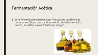 FermentaciónAcética
■ es la fermentación bacteriana por Acetobacter, un género de
bacterias aeróbicas, que transforma el alcohol etílico en ácido
acético, la sustancia característica del vinagre
 