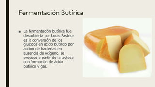 Fermentación Butírica
■ La fermentación butírica fue
descubierta por Louis Pasteur
es la conversión de los
glúcidos en ácido butírico por
acción de bacterias en
ausencia de oxígeno, se
produce a partir de la lactosa
con formación de ácido
butírico y gas.
 