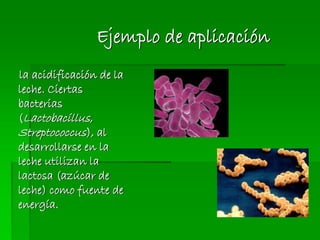 Ejemplo de aplicación
la acidificación de la
leche. Ciertas
bacterias
(Lactobacillus,
Streptococcus), al
desarrollarse en la
leche utilizan la
lactosa (azúcar de
leche) como fuente de
energía.
 