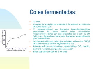 Coles fermentadas: 2° Fase Aumenta la actividad de anaerobios facultativos formadores de ácido láctico con: 1° enriquecimiento en bacterias heterofermentativas productoras de ácido láctico como  Leuconostoc mesenteroides . Estas son poco afectadas por la sal y su pH óptimo es disgenésico para otras bacterias (especialmente para proteolíticas). Las bacterias lácticas heterofermentativas utilizan los CHOS de la col en ácido láctico, llegando hasta 1%.  Además se forma ácido acético, alcohol etílico, CO 2 , manito, dextrano y ésteres, componentes del sabor. Estas dos fases se dan en 3 a 6 días. 