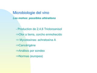 Microbiologie del vino - Production de 2,4,6 Tricloroanisol Olor a tierra, corcho enmohecido  Mycotoxinas: achratoxina A Cancérigène Análisis por sondeo Normas (europea) Los mohos: possibles altérations 