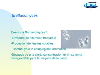 Brettanomyces Que es la Brettanomyces? Levadura de altération fréquenté Production de fenoles volatiles Contribuye a la complegidad aromatical Despues de una cierta concentracion el vin se torna desagradable para la mayoria de la gente  