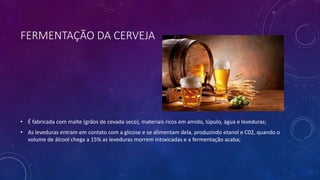 FERMENTAÇÃO DA CERVEJA
• É fabricada com malte (grãos de cevada seco), materiais ricos em amido, lúpulo, água e leveduras;
• As leveduras entram em contato com a glicose e se alimentam dela, produzindo etanol e C02, quando o
volume de álcool chega a 15% as leveduras morrem intoxicadas e a fermentação acaba;
 