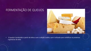 FERMENTAÇÃO DE QUEIJOS
• O queijo é produzido a partir do leite e com a adição coalho, que é utilizado para solidificar as proteínas
e gorduras do leite
 
