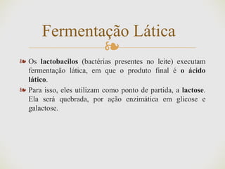 ❧
❧ Os lactobacilos (bactérias presentes no leite) executam
fermentação lática, em que o produto final é o ácido
lático.
❧ Para isso, eles utilizam como ponto de partida, a lactose.
Ela será quebrada, por ação enzimática em glicose e
galactose.
Fermentação Lática
 