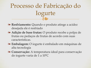 ❧
❧ Resfriamento: Quando o produto atinge a acidez
desejada ele é resfriado
❧ Adição de base frutas: O produto recebe a polpa de
frutas ou pedaços de frutas de acordo com suas
características.
❧ Embalagem: O iogurte é embalado em máquinas de
alta tecnologia
❧ Conservação: A temperatura ideal para conservação
do iogurte varia de 1 a 10ºC
Processo de Fabricação do
Iogurte
 