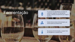 Fermentação É o processo de degradação incompleta de
substâncias orgânicas com liberação de
energia, realizada principalmente por fungos e
bactérias;
Existem diversos tipos de fermentação, que
variam quanto ao produto final;
No processo de fermentação, o aceptor final
de hidrogênios é o produto final.
 