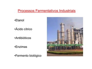 Processos Fermentativos Industriais
•Etanol
•Ácido cítrico
•Antibióticos
•Enzimas
•Fermento biológico
 