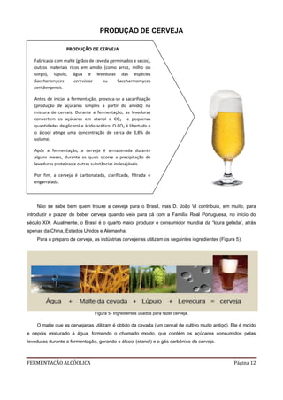 FERMENTAÇÃO ALCÓOLICA Página 12
PRODUÇÃO DE CERVEJA
Não se sabe bem quem trouxe a cerveja para o Brasil, mas D. João VI contribuiu, em muito, para
introduzir o prazer de beber cerveja quando veio para cá com a Família Real Portuguesa, no início do
século XIX. Atualmente, o Brasil é o quarto maior produtor e consumidor mundial da “loura gelada”, atrás
apenas da China, Estados Unidos e Alemanha.
Para o preparo da cerveja, as indústrias cervejeiras utilizam os seguintes ingredientes (Figura 5).
Figura 5- Ingredientes usados para fazer cerveja.
O malte que as cervejarias utilizam é obtido da cevada (um cereal de cultivo muito antigo). Ele é moído
e depois misturado à água, formando o chamado mosto, que contém os açúcares consumidos pelas
leveduras durante a fermentação, gerando o álcool (etanol) e o gás carbônico da cerveja.
PRODUÇÃO DE CERVEJA
Fabricada com malte (grãos de ceveda germinados e secos),
outros materiais ricos em amido (como arroz, milho ou
sorgo), lúpulo, água e leveduras das espécies
Saccharomyces cerevisiae ou Saccharmomyces
cerisbergensis.
Antes de iniciar a fermentação, provoca-se a sacarificação
(produção de açúcares simples a partir do amido) na
mistura de cereais. Durante a fermentação, as leveduras
convertem os açúcares em etanol e CO2 e pequenas
quantidades de glicerol e ácido acético. O CO2 é libertado e
o álcool atinge uma concentração de cerca de 3,8% do
volume.
Após a fermentação, a cerveja é armazenada durante
alguns meses, durante os quais ocorre a precipitação de
leveduras proteínas e outras substâncias indesejáveis.
Por fim, a cerveja é carbonatada, clarificada, filtrada e
engarrafada.
 