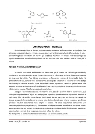 FERMENTAÇÃO ALCÓOLICA Página 16
Trans-resveratrol cis-resveratrol
miricetina ácido gálico ácido caféico
CURIOSIDADES – BEBIDAS
As bebidas alcoólicas se dividem em duas grandes categorias: as fermentadas e as destiladas. Nas
primeiras, em que se incluem o vinho e a cerveja, ocorre um fenômeno semelhante à fermentação do pão –
a transformação de carboidratos em álcool e gás carbônico. As últimas são feitas a partir da destilação de
líquidos fermentados, resultando em produtos de teor alcoólico bem mais elevado, como a cachaça e o
uísque.
POR QUE A CHAMPANHE TEM BOLHAS?
As bolhas dos vinhos espumantes são nada mais que o dióxido de carbono (gás carbônico)
resultante da fermentação – ocorre que, nos vinhos comuns, os métodos de produção deixam que esse gás
se desprenda da bebida. Para fabricar champanhe, os fabricantes recorrem à fermentação dupla. Na
primeira fermentação, se faz o vinho branco normal. Em seguida, adicionam-se açúcar e leveduras do tipo
Saccharomyces bayanus ao vinho, que é engarrafado, selado e guardado. Dentro da garrafa ocorre uma
segunda fermentação. Como a garrafa está lacrada, o gás carbônico resultante dessa segunda fermentação
não tem como escapar. Aí se formam as celebradas bolhas.
A seguir, o espumante descansa por um a três anos. Esse é o chamado método champenoise, que
consagrou os produtores da região de Champagne e a partir do qual se obtêm os espumantes melhores e
mais caros. Mas há também outras formas de conseguir as tais bolhinhas. No charmat, ou método de
tanque, a segunda fermentação ocorre em uma cuba de inox, lacrada para evitar o escape do gás. Desse
processo resultam espumantes mais simples e baratos. Há ainda espumantes conseguidos por
carbonatação artificial (injeção de CO2), considerados os de pior qualidade. Em todos os processos, porém,
as rolhas de cortiça são um item fundamental na conservação do gás carbônico. Impermeáveis e elásticas,
elas dificultam a entrada de ar na garrafa, impedindo a fuga das bolhas.
No champanhe, as bolhas resultantes da fermentação são aprisionadas na garrafa.
 