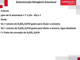 Determinação Nitrogênio Amoniacal
Cálculo
ppm de N amoniacal = 7 x (Va - Vb) x f
Onde:
Va = volume de H2SO4 0,01N gasto para titular a amostra
Vb = volume de H2SO4 0,01N gasto para titular o branco, água destilada
f = Fator de correção do H2SO4 0,01N
 