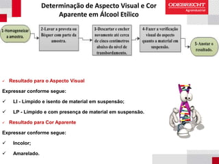 Determinação de Aspecto Visual e Cor
Aparente em Álcool Etílico
 Resultado para o Aspecto Visual
Expressar conforme segue:
 LI - Límpido e isento de material em suspensão;
 LP - Límpido e com presença de material em suspensão.
 Resultado para Cor Aparente
Expressar conforme segue:
 Incolor;
 Amarelado.
 