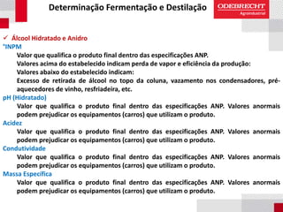 Determinação Fermentação e Destilação
 Álcool Hidratado e Anidro
°INPM
Valor que qualifica o produto final dentro das especificações ANP.
Valores acima do estabelecido indicam perda de vapor e eficiência da produção:
Valores abaixo do estabelecido indicam:
Excesso de retirada de álcool no topo da coluna, vazamento nos condensadores, pré-
aquecedores de vinho, resfriadeira, etc.
pH (Hidratado)
Valor que qualifica o produto final dentro das especificações ANP. Valores anormais
podem prejudicar os equipamentos (carros) que utilizam o produto.
Acidez
Valor que qualifica o produto final dentro das especificações ANP. Valores anormais
podem prejudicar os equipamentos (carros) que utilizam o produto.
Condutividade
Valor que qualifica o produto final dentro das especificações ANP. Valores anormais
podem prejudicar os equipamentos (carros) que utilizam o produto.
Massa Específica
Valor que qualifica o produto final dentro das especificações ANP. Valores anormais
podem prejudicar os equipamentos (carros) que utilizam o produto.
 
