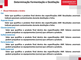 Determinação Fermentação e Destilação
 Álcool Hidratado e Anidro
Cor
Valor que qualifica o produto final dentro das especificações ANP. Resultados anormais
indicam possíveis contaminantes durante destilação e linha.
Aspecto Visual
Valor que qualifica o produto final dentro das especificações ANP. Resultados anormais
indicam possíveis contaminantes durante destilação e linha.
Cloreto (externo)
Valor que qualifica o produto final dentro das especificações ANP. Valores anormais
podem prejudicar os equipamentos (carros) que utilizam o produto.
Sulfato (externo)
Valor que qualifica o produto final dentro das especificações ANP. Valores anormais
podem prejudicar os equipamentos (carros) que utilizam o produto.
Ferro (externo)
Valor que qualifica o produto final dentro das especificações ANP. Valores anormais
podem prejudicar os equipamentos (carros) que utilizam o produto.
Sódio (externo)
Valor que qualifica o produto final dentro das especificações ANP. Valores anormais
podem prejudicar os equipamentos (carros) que utilizam o produto.
 