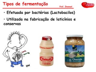 Tipos de fermentação
• Efetuada por bactérias (Lactobacilos)
• Utilizada na fabricação de laticínios e
conservas
Prof. Emanuel
 