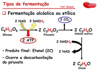 2 NAD 2 NADH2
2 ATP
2 C3H4O3
PiruvatoGlicose
 Fermentação alcóolica ou etílica
C6H12O6
2 CO2
2 C2H4O
Aldeído acético
2 C2H6O
Etanol
2 NADH2
2 NAD• Produto final: Etanol (2C)
• Ocorre a descarboxilação
do piruvato
Tipos de fermentação Prof. Emanuel
 