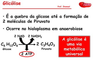 2 NAD 2 NADH2
2 ATP
2 C3H4O3
PiruvatoGlicose
C6 H12O6
• É a quebra da glicose até a formação de
2 moléculas de Piruvato
• Ocorre no hialoplasma em anaerobiose
A glicólise é
uma via
metabólica
universal
Glicólise
Prof. Emanuel
 