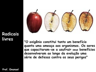 "O oxigênio constitui tanto um benefício
quanto uma ameaça aos organismos. Os seres
que capacitaram-se a usufruir seus benefícios
desenvolveram ao longo da evolução uma
série de defesas contra os seus perigos"
Radicais
livres
Prof. Emanuel
 