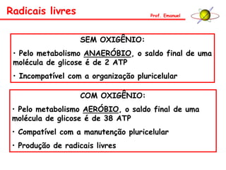 SEM OXIGÊNIO:
• Pelo metabolismo ANAERÓBIO, o saldo final de uma
molécula de glicose é de 2 ATP
• Incompatível com a organização pluricelular
COM OXIGÊNIO:
• Pelo metabolismo AERÓBIO, o saldo final de uma
molécula de glicose é de 38 ATP
• Compatível com a manutenção pluricelular
• Produção de radicais livres
Radicais livres Prof. Emanuel
 