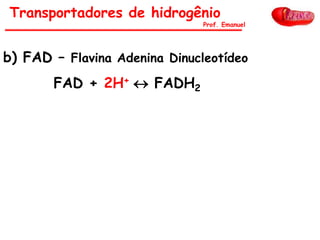Transportadores de hidrogênio
b) FAD – Flavina Adenina Dinucleotídeo
FAD + 2H+  FADH2
Prof. Emanuel
 