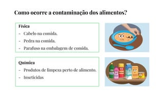 Como ocorre a contaminação dos alimentos?
Física
- Cabelo na comida.
- Pedra na comida.
- Parafuso na embalagem de comida.
Química
- Produtos de limpeza perto de alimento.
- Inseticidas
 
