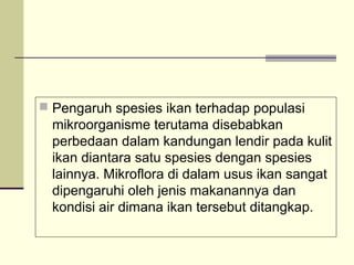  Pengaruh spesies ikan terhadap populasi

mikroorganisme terutama disebabkan
perbedaan dalam kandungan lendir pada kulit
ikan diantara satu spesies dengan spesies
lainnya. Mikroflora di dalam usus ikan sangat
dipengaruhi oleh jenis makanannya dan
kondisi air dimana ikan tersebut ditangkap.

 