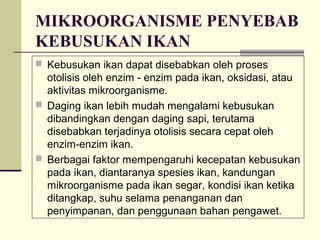 MIKROORGANISME PENYEBAB
KEBUSUKAN IKAN
 Kebusukan ikan dapat disebabkan oleh proses

otolisis oleh enzim - enzim pada ikan, oksidasi, atau
aktivitas mikroorganisme.
 Daging ikan lebih mudah mengalami kebusukan
dibandingkan dengan daging sapi, terutama
disebabkan terjadinya otolisis secara cepat oleh
enzim-enzim ikan.
 Berbagai faktor mempengaruhi kecepatan kebusukan
pada ikan, diantaranya spesies ikan, kandungan
mikroorganisme pada ikan segar, kondisi ikan ketika
ditangkap, suhu selama penanganan dan
penyimpanan, dan penggunaan bahan pengawet.

 