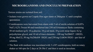 MICROORGANISMS AND INOCULUM PREPARATION
Terreus strains are isolated from soil.
• Isolates were grown on Czapek-Dox agar slants at 28degree C until complete
sporulation.
• Conidiospores were harvested from slants with 5 ml of sterile solution of 0,85%
NaCl, 0,2% Tween 80 and transferred into 250 ml Erlenmeyer flasks containing
50 ml medium (g/l): 10 g glucose, 10 g oat meal, 10 g corn steep liquor, 0,2 g
polyethylene glycol, and 10 ml of trace elements – 100 mg Na2B4O7 ·10H2O,
50 mg MnCl2, 50 mg Na2MoO4 ·5H2O, and 250 mg CuSO4·5H2O - per liter of
solution.
• The flask with medium was inoculated with 3 x107 conidiospores, held on rotary
shaker at 160 rpm for 2 days at 28-30o C and then is used as inoculum.
 