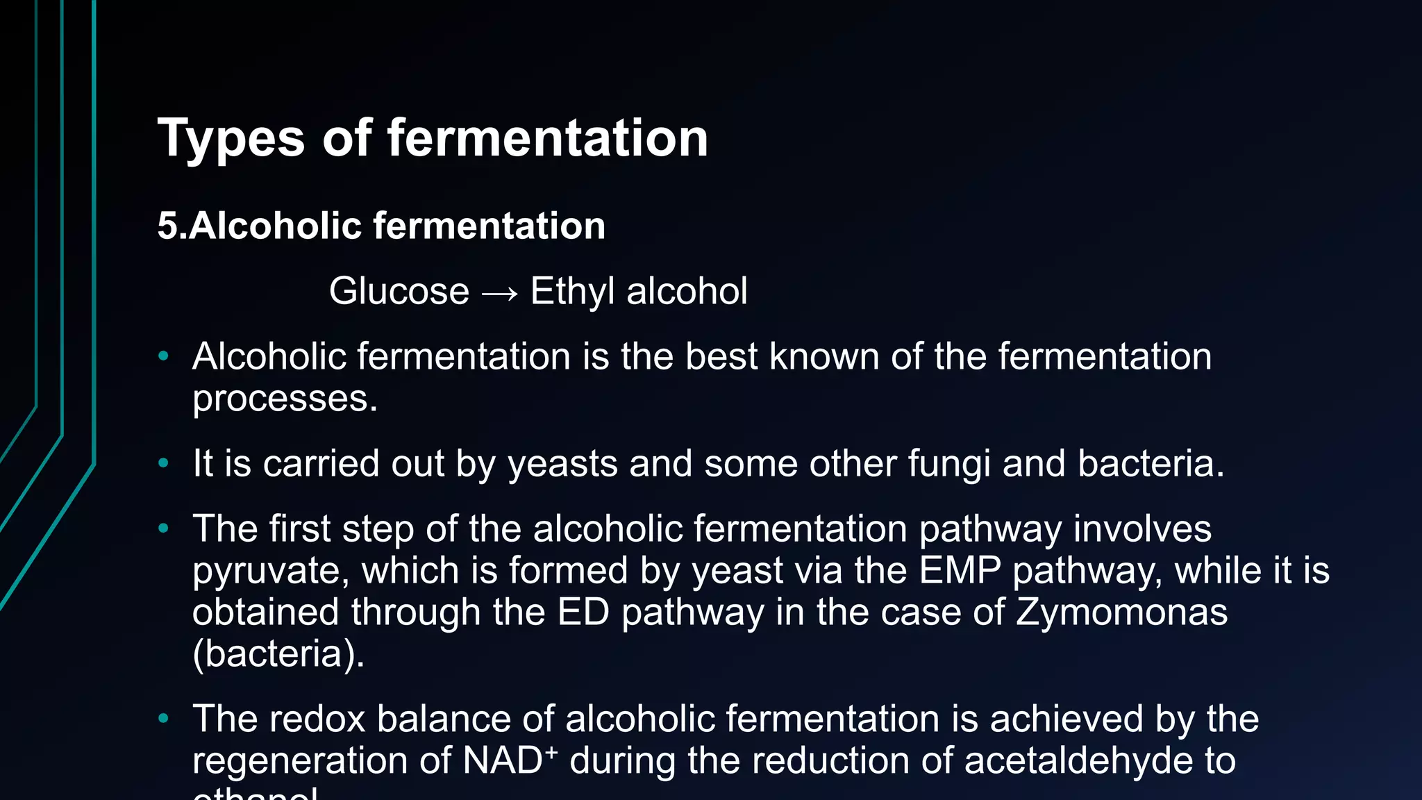 Types of fermentation
5.Alcoholic fermentation
Glucose → Ethyl alcohol
• Alcoholic fermentation is the best known of the fermentation
processes.
• It is carried out by yeasts and some other fungi and bacteria.
• The first step of the alcoholic fermentation pathway involves
pyruvate, which is formed by yeast via the EMP pathway, while it is
obtained through the ED pathway in the case of Zymomonas
(bacteria).
• The redox balance of alcoholic fermentation is achieved by the
regeneration of NAD+ during the reduction of acetaldehyde to
 