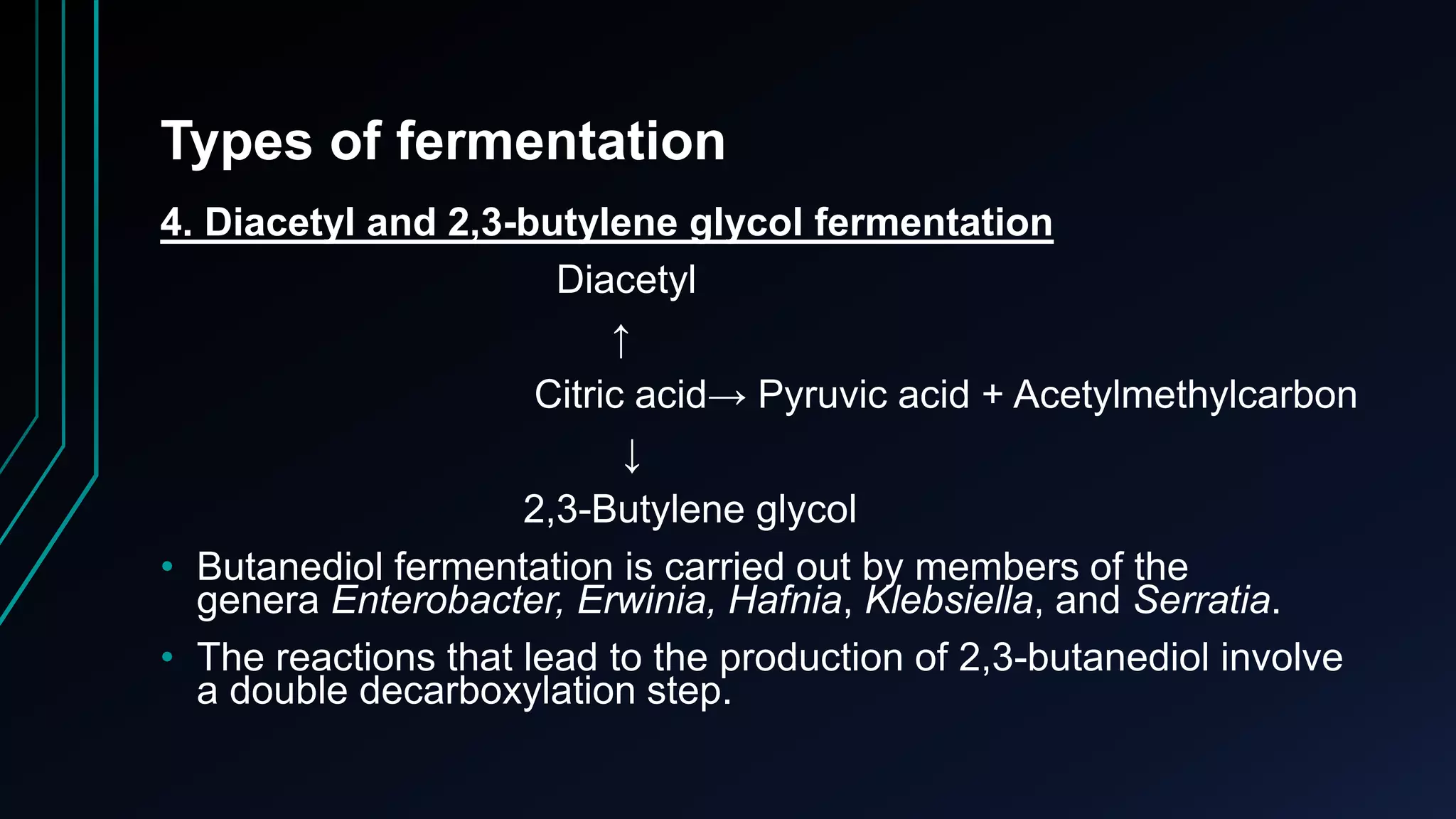 Types of fermentation
4. Diacetyl and 2,3-butylene glycol fermentation
Diacetyl
↑
Citric acid→ Pyruvic acid + Acetylmethylcarbon
↓
2,3-Butylene glycol
• Butanediol fermentation is carried out by members of the
genera Enterobacter, Erwinia, Hafnia, Klebsiella, and Serratia.
• The reactions that lead to the production of 2,3-butanediol involve
a double decarboxylation step.
 