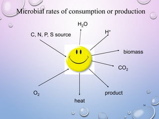 Microbial rates of consumption or production
14
C, N, P, S source
H2O
H+
O2
heat
product
CO2
biomass
 