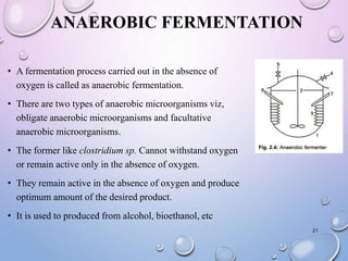 ANAEROBIC FERMENTATION
• A fermentation process carried out in the absence of
oxygen is called as anaerobic fermentation.
• There are two types of anaerobic microorganisms viz,
obligate anaerobic microorganisms and facultative
anaerobic microorganisms.
• The former like clostridium sp. Cannot withstand oxygen
or remain active only in the absence of oxygen.
• They remain active in the absence of oxygen and produce
optimum amount of the desired product.
• It is used to produced from alcohol, bioethanol, etc
21
 