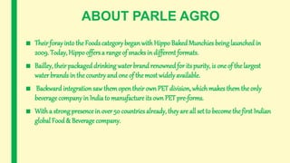 ABOUT PARLE AGRO
■ Their forayinto the Foodscategory beganwith Hippo Baked Munchies being launched in
2009. Today, Hippo offers a range of snacks in different formats.
■ Bailley, their packageddrinking water brand renownedfor its purity, is one of the largest
waterbrands in the country and one of the most widelyavailable.
■ Backwardintegrationsaw themopen their own PET division, whichmakes themthe only
beveragecompany in India to manufacture its own PET pre-forms.
■ Witha strong presence in over 50 countries already, theyare all set to become the first Indian
global Food & Beverage company.
 