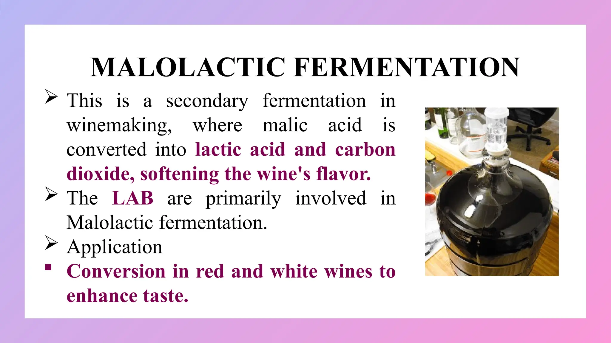 MALOLACTIC FERMENTATION
 This is a secondary fermentation in
winemaking, where malic acid is
converted into lactic acid and carbon
dioxide, softening the wine's flavor.
 The LAB are primarily involved in
Malolactic fermentation.
 Application
 Conversion in red and white wines to
enhance taste.
 