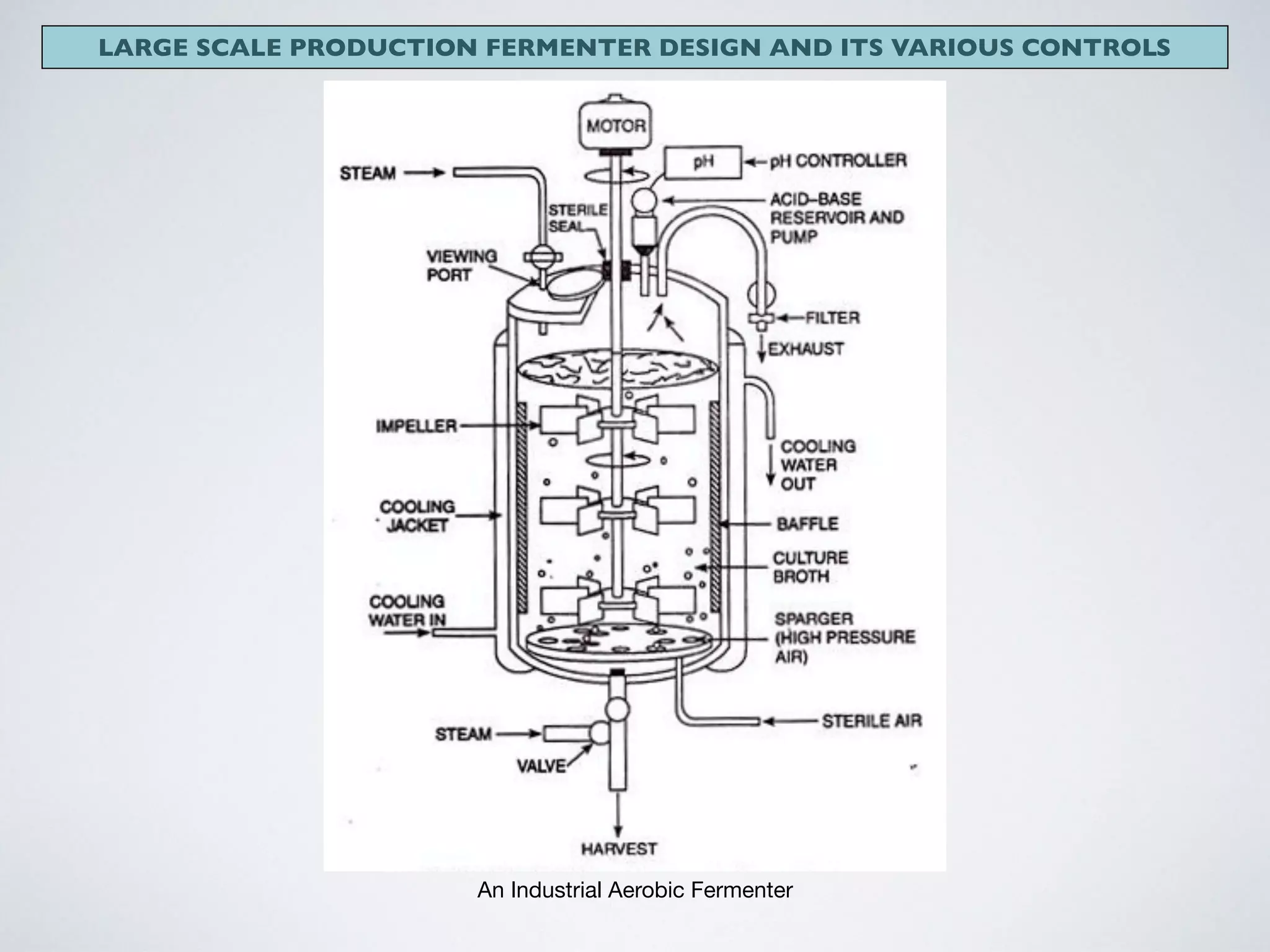 LARGE SCALE PRODUCTION FERMENTER DESIGN AND ITS VARIOUS CONTROLS
An Industrial Aerobic Fermenter
 