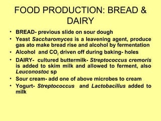 FOOD PRODUCTION: BREAD &
DAIRY
• BREAD- previous slide on sour dough
• Yeast Saccharomyces is a leavening agent, produce
gas ato make bread rise and alcohol by fermentation
• Alcohol and CO2 driven off during baking- holes
• DAIRY- cultured buttermilk- Streptococcus cremoris
is added to skim milk and allowed to ferment, also
Leuconostoc sp
• Sour cream- add one of above microbes to cream
• Yogurt- Streptococcus and Lactobacillus added to
milk
 