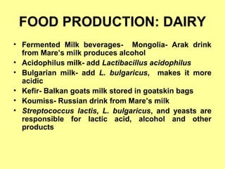 FOOD PRODUCTION: DAIRY
• Fermented Milk beverages- Mongolia- Arak drink
from Mare’s milk produces alcohol
• Acidophilus milk- add Lactibacillus acidophilus
• Bulgarian milk- add L. bulgaricus, makes it more
acidic
• Kefir- Balkan goats milk stored in goatskin bags
• Koumiss- Russian drink from Mare’s milk
• Streptococcus lactis, L. bulgaricus, and yeasts are
responsible for lactic acid, alcohol and other
products
 
