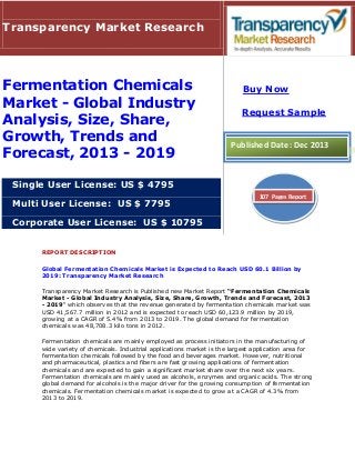 Transparency Market Research

Fermentation Chemicals
Market - Global Industry
Analysis, Size, Share,
Growth, Trends and
Forecast, 2013 - 2019

Buy Now
Request Sample

Published Date: Dec 2013

Single User License: US $ 4795
Multi User License: US $ 7795

107 Pages Report

Corporate User License: US $ 10795
REPORT DESCRIPTION
Global Fermentation Chemicals Market is Expected to Reach USD 60.1 Billion by
2019: Transparency Market Research
Transparency Market Research is Published new Market Report “Fermentation Chemicals
Market - Global Industry Analysis, Size, Share, Growth, Trends and Forecast, 2013
- 2019" which observes that the revenue generated by fermentation chemicals market was
USD 41,567.7 million in 2012 and is expected to reach USD 60,123.9 million by 2019,
growing at a CAGR of 5.4% from 2013 to 2019. The global demand for fermentation
chemicals was 48,708.3 kilo tons in 2012.
Fermentation chemicals are mainly employed as process initiators in the manufacturing of
wide variety of chemicals. Industrial applications market is the largest application area for
fermentation chemicals followed by the food and beverages market. However, nutritional
and pharmaceutical, plastics and fibers are fast growing applications of fermentation
chemicals and are expected to gain a significant market share over the next six years.
Fermentation chemicals are mainly used as alcohols, enzymes and organic acids. The strong
global demand for alcohols is the major driver for the growing consumption of fermentation
chemicals. Fermentation chemicals market is expected to grow at a CAGR of 4.3% from
2013 to 2019.

 