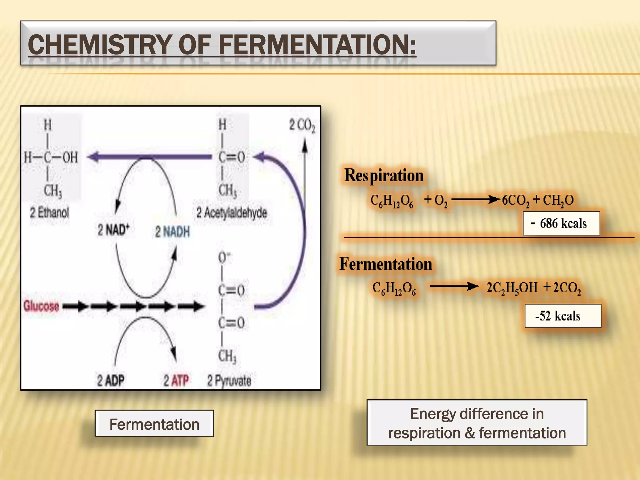 CHEMISTRY OF FERMENTATION:




                           Energy difference in
     Fermentation
                        respiration & fermentation
 