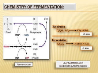 CHEMISTRY OF FERMENTATION:




                           Energy difference in
     Fermentation
                        respiration & fermentation
 