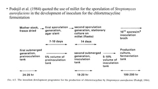 • Podojil et al. (1984) quoted the use of millet for the sporulation of Streptomyces
aureofaciens in the development of inoculum for the chlortetracycline
fermentation
 