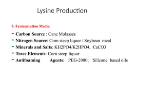 Lysine Production
5. Fermentation Media
 Carbon Source : Cane Molasses
 Nitrogen Source: Corn steep liquor / Soybean meal
 Minerals and Salts: KH2PO4/K2HPO4, CaCO3
 Trace Elements: Corn steep liquor
 Antifoaming Agents: PEG-2000, Silicone based oils
 